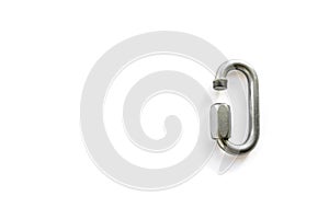 Steel quick link climbing gear piece, isolated on white background, with copy space. Opened silver 8mm maillon for sport climbing