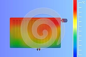 Steel radiator on the wall. Colored thermographic image.