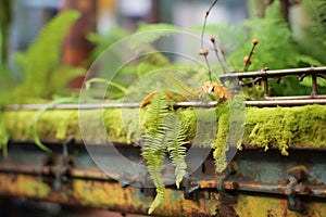 steel rails with moss and ferns growing around