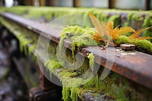 steel rails with moss and ferns growing around