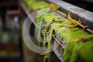 steel rails with moss and ferns growing around