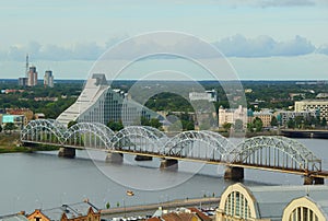 The steel railway bridge in Riga, Latvia on the Daugava river
