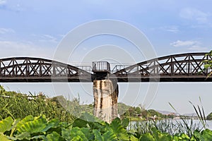 Steel railway bridge of the river kwai or death railway bridge in thailand