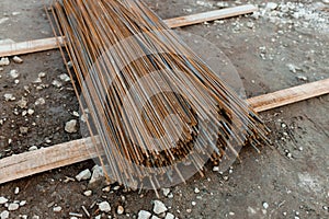 Steel rebar for reinforcement concrete at construction site. Building Construction Background