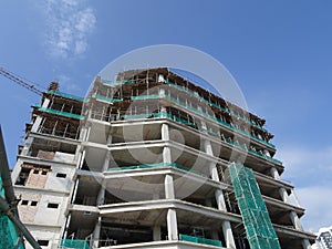 Steel reinforced concrete structure is built at the construction site.