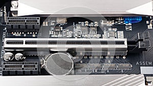 Steel reinforced pcie slot for heavy graphic cards on modern mainboard of computer