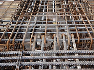 Steel reinforcement bar and timber formworks at the construction site.