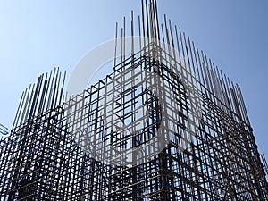 Steel reinforcement bar and timber formworks at the construction site.