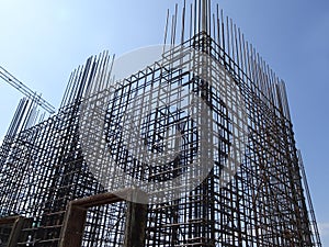 Steel reinforcement bar and timber formworks at the construction site.