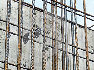 Steel reinforcement bar and timber formworks at the construction site.