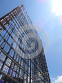 Steel reinforcement bar and timber formworks at the construction site.