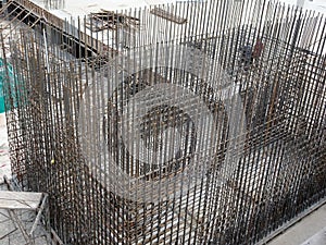 Steel reinforcement bar and timber formworks at the construction site.