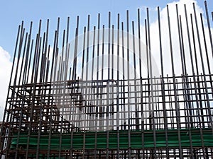 Steel reinforcement bar and timber formworks at the construction site.