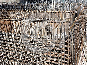 Steel reinforcement bar and timber formworks at the construction site.