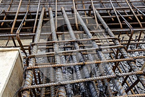 Steel reinforcing tie wire work at construction site of embankment for canal path and protecting riverbank collapse structures.