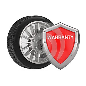 Steel Rim Wheel Tyre with Red Metal Protection Warranty Shield. 3d Rendering