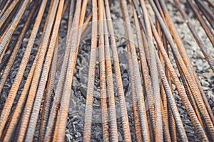 Steel rods or bars used to reinforce concrete