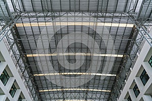 Steel roof structure under the roof of the industrial building