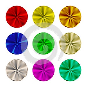 Steel round buttons set. Template of a blank colored metallic button