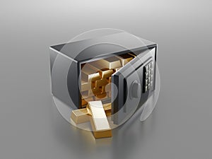 Steel safe with Gold Bars or ingots. 3d rendering