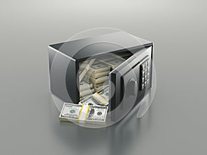 Steel safe with money, Dollar banknotes. 3d rendering