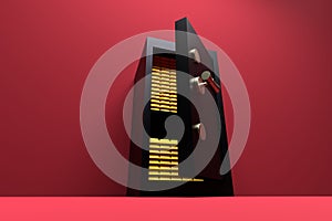 Steel safe open with gold bars inside on a red background. Safety of money, valuables concept. 3D render