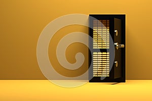 Steel safe open with gold bars inside on a yellow background. Place for text. Safety of money, valuables concept. 3D render