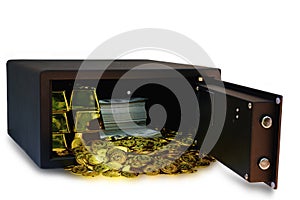 Steel safes box full of coins stack and gold bar and banknote 100 USD at the white background with clipping path