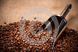 Steel scoop in coffee beans