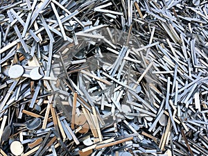 Steel scrap materials recycling. Abstract, background and texture of metal waste