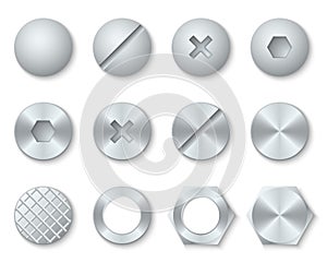 Steel screws, nuts, bolts, rivets heads vector set