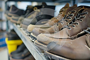steel shoe rack with uniform work shoes in a row