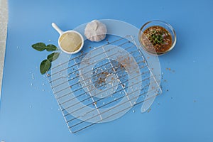 Steel Sieve with Thai ingredient, palm sugar, Garlic, Kaffir lime and Thai style chili dipping sauce