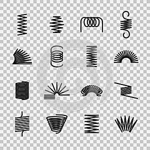 Steel spring. Spiral coil flexible steel wire springs shape. Absorbing pressure equipment line vector icons