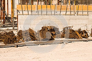 Steel stirrups and formworks in a construction site