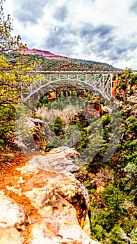 The steel structure of Midgely Bridge on Arizona SR89A between Sedona and Flagstaff over Wilson Canyon at Oak Creek Canyon