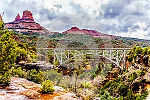 The steel structure of Midgely Bridge on Arizona SR89A between Sedona and Flagstaff over Wilson Canyon at Oak Creek Canyon