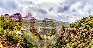 The steel structure of Midgely Bridge on Arizona SR89A between Sedona and Flagstaff over Wilson Canyon at Oak Creek Canyon