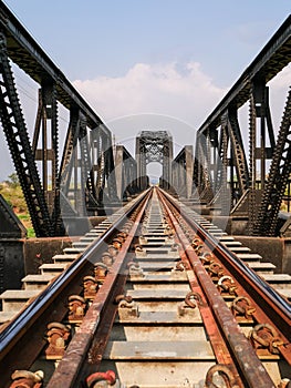 Steel structure of railway bridge, railway rail with vanishing point