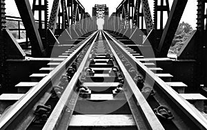 Steel structure of railway bridge, railway rail with vanishing point