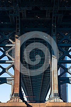 Steel Structure underneath the Manhattan Bridge over the East River seen from Dumbo Brooklyn New York City