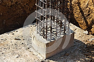 Steel structures for concrete foundations and reinforced columns for new buildings being constructed, reinforcing steel for constr