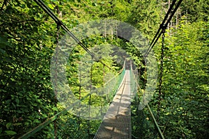 A steel suspension bridge over the river in the Slovak Paradise National Park