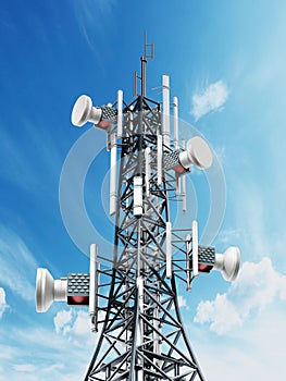 Steel telecommunications tower with satellite dishes. 3D illustration