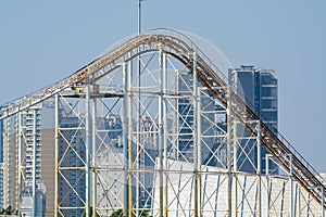 Steel tracks of Roller Coaster with background of skylines