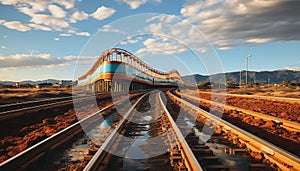 Steel tracks vanish into the blue mountain landscape at sunset generated by AI