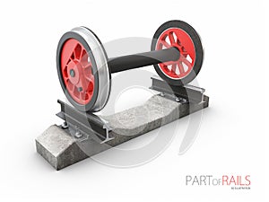 Steel train rail track profile symbol with steel wheel, 3d Illustration