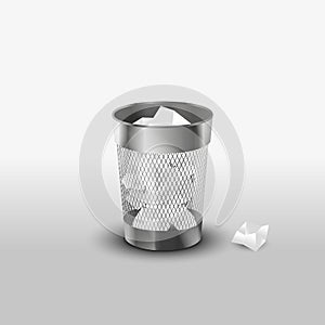 Steel trash can with paper garbage realistic icon