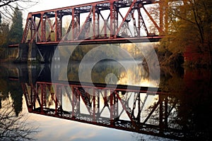 steel truss bridge reflecting on calm river waters