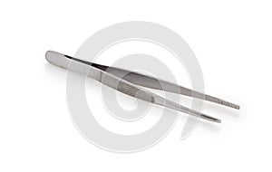 Steel tweezers on a white background